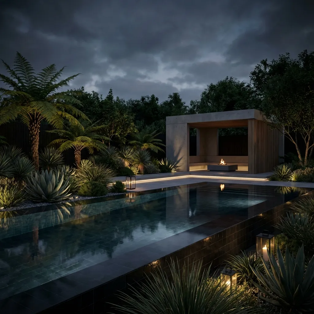 Modern landscape design background with pool and patio