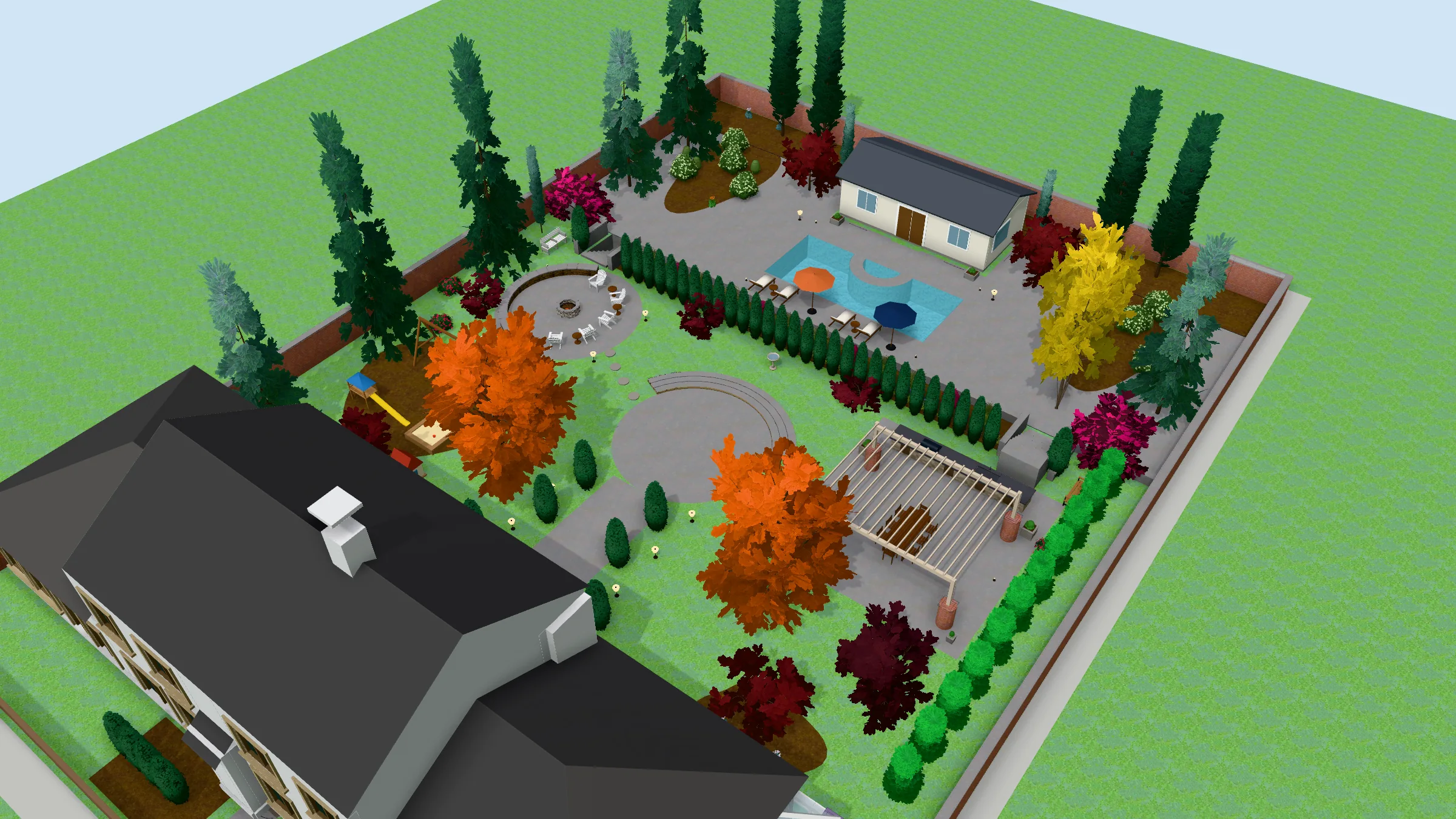 The photo guide garden as the engine built it, from a landscape DWG: the pool, the lawn, the beds and the house, in 3D.