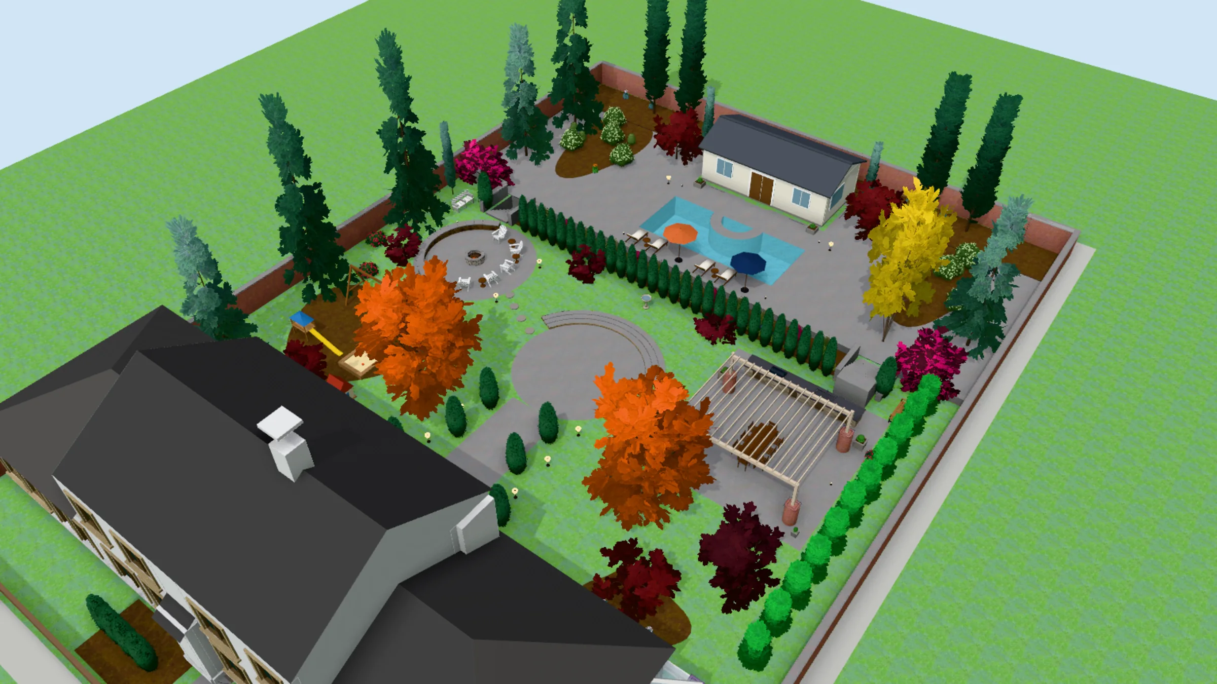 A 3D model of the whole property from a high corner. The house with its dark roof fills the near edge. The walled garden beyond it holds a round landing, a pergola, a fire pit circle, a play area, a long evergreen hedge, a swimming pool with umbrellas and a pool house at the far end, with trees along the boundary.