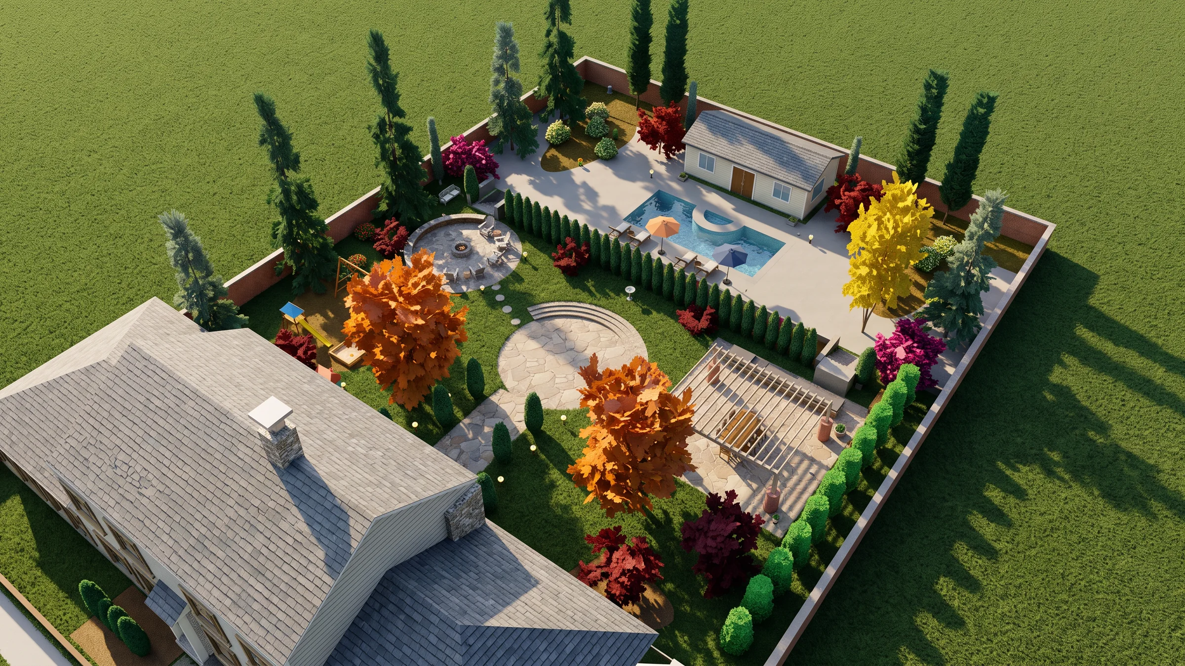 A photorealistic aerial render of the whole property from a high corner. The house with its grey shingled roof fills the near edge. The walled garden beyond it holds a round stone landing, a pergola, a fire pit circle, a play area, a long evergreen hedge, a swimming pool with umbrellas and a pool house at the far end, with trees along the boundary and long afternoon shadows.
