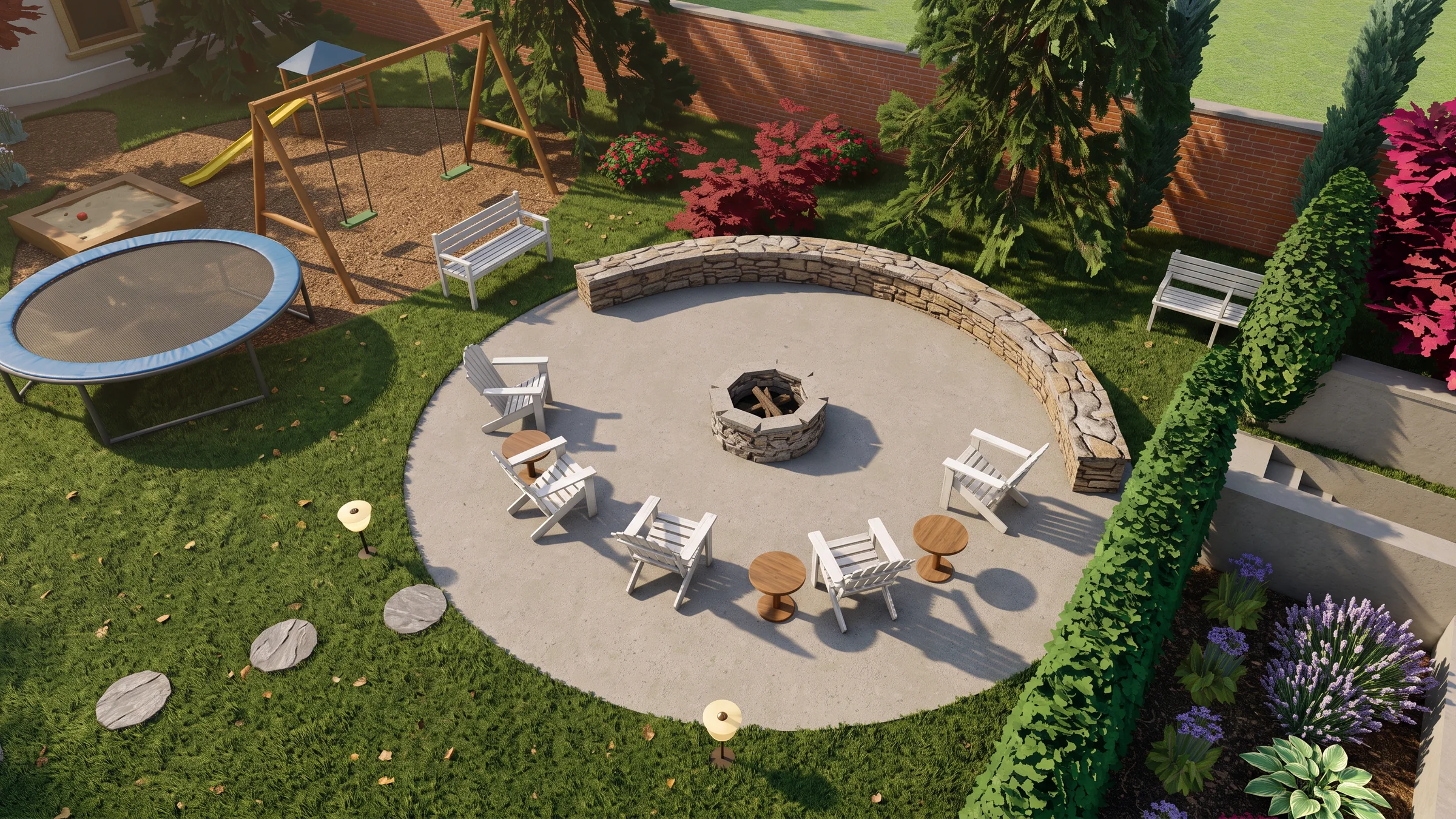 A photorealistic render of a round stone-paved fire pit area from above. A dry-stone fire pit with burning logs sits in the centre, a curved low stone seat wall runs round the back, and five white wooden Adirondack chairs and two small round tables are set in an arc. Stepping stones lead away across the lawn. Behind are a swing set, a sandpit and a trampoline on wood chips, and a brick boundary wall.