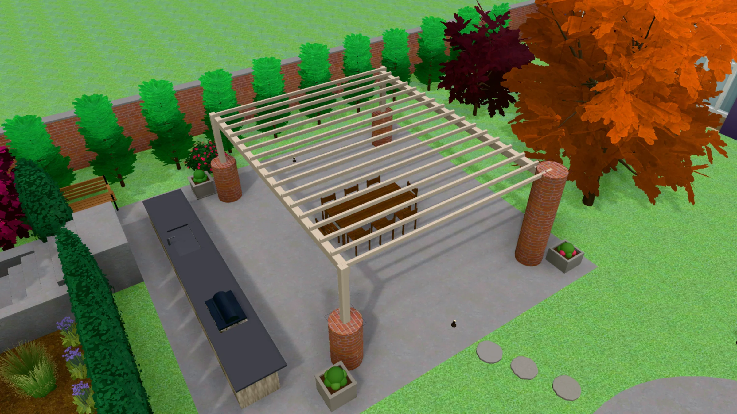A 3D model of a cedar pergola on three round brick pillars, seen from a raised angle. Under its slatted roof stands a long timber dining table with chairs. A dark-topped outdoor kitchen counter with a built-in grill runs along the left side, and square planters sit at the pillars' feet. A hedge, a brick wall and an autumn maple surround the paved terrace.
