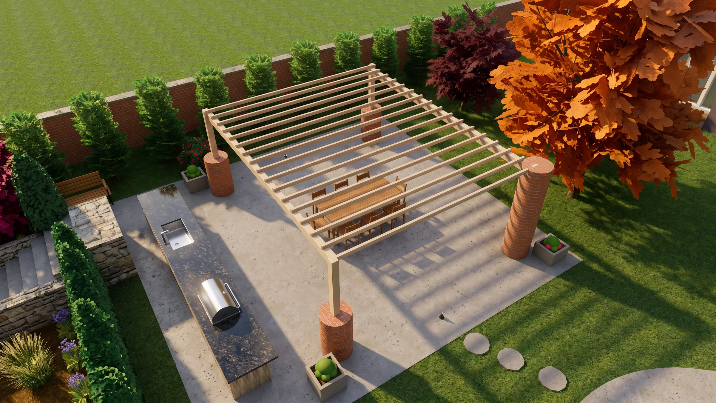 A photorealistic render of a cedar pergola on three round brick pillars, seen from a raised angle. Under its slatted roof stands a long timber dining table with chairs. A dark granite-topped outdoor kitchen counter with a steel grill runs along the left side, and square planters sit at the pillars' feet. A hedge, a brick wall and an autumn maple surround the pale paved terrace.