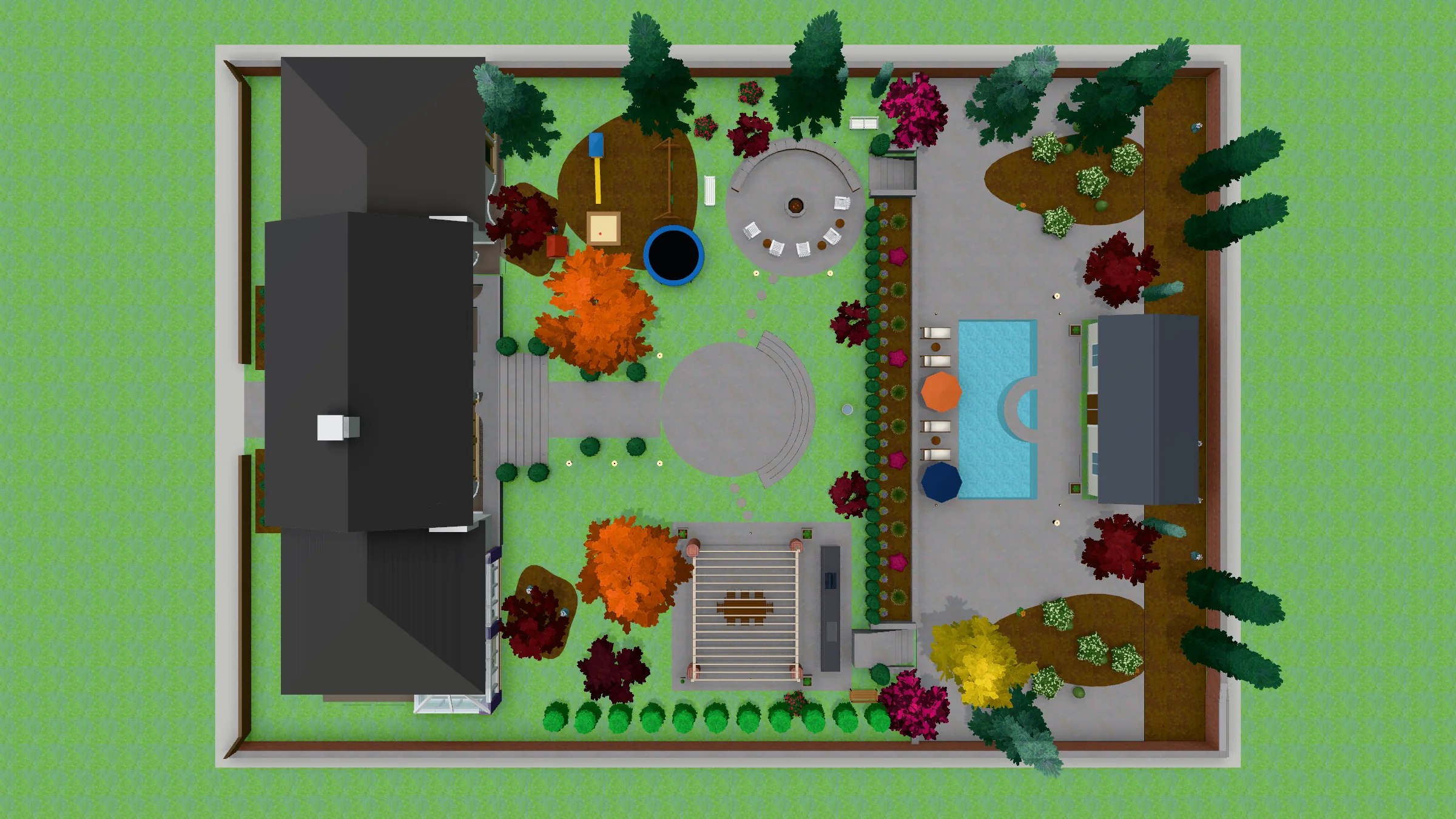 The photo guide garden as the engine built it, from a landscape DWG: the pool, the lawn, the beds and the house, in 3D.
