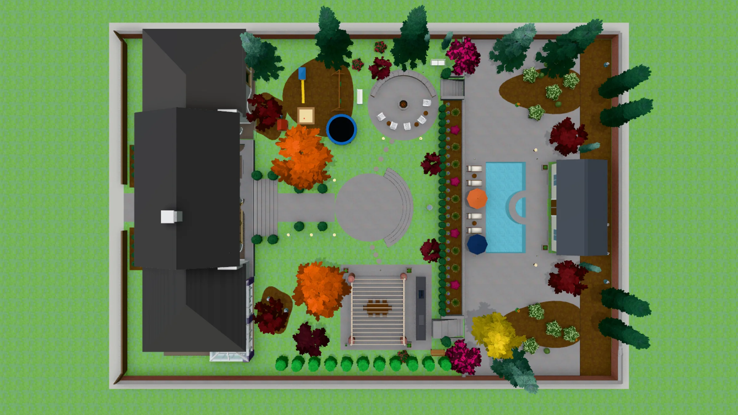 A 3D model of the garden seen straight down like a plan. The house with its dark roof is at the left in the 16:9 picture and at the bottom in the portrait one. The garden shows a round landing, a pergola with a dining table, a fire pit circle, a play area with a trampoline, a long hedge, a blue pool with a pool house, flower beds and trees, inside a boundary wall.