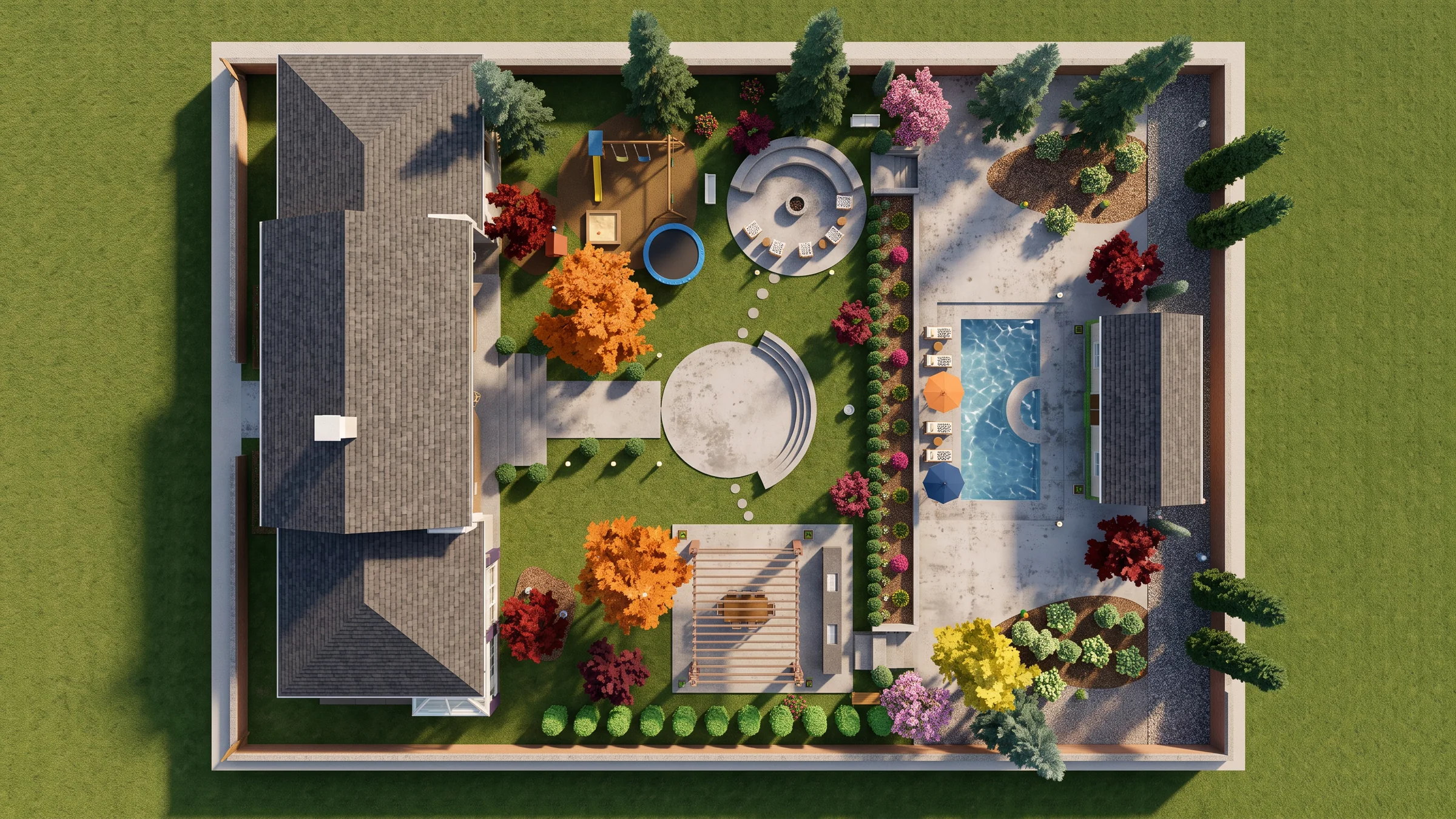 A photorealistic render of the garden seen straight down like a plan. The house with its grey shingled roof is at the left. The garden shows a round stone landing, a pergola with a dining table, a fire pit circle, a play area with a trampoline, a long hedge, a pool with umbrellas and a pool house, flower beds and trees, inside a boundary wall.