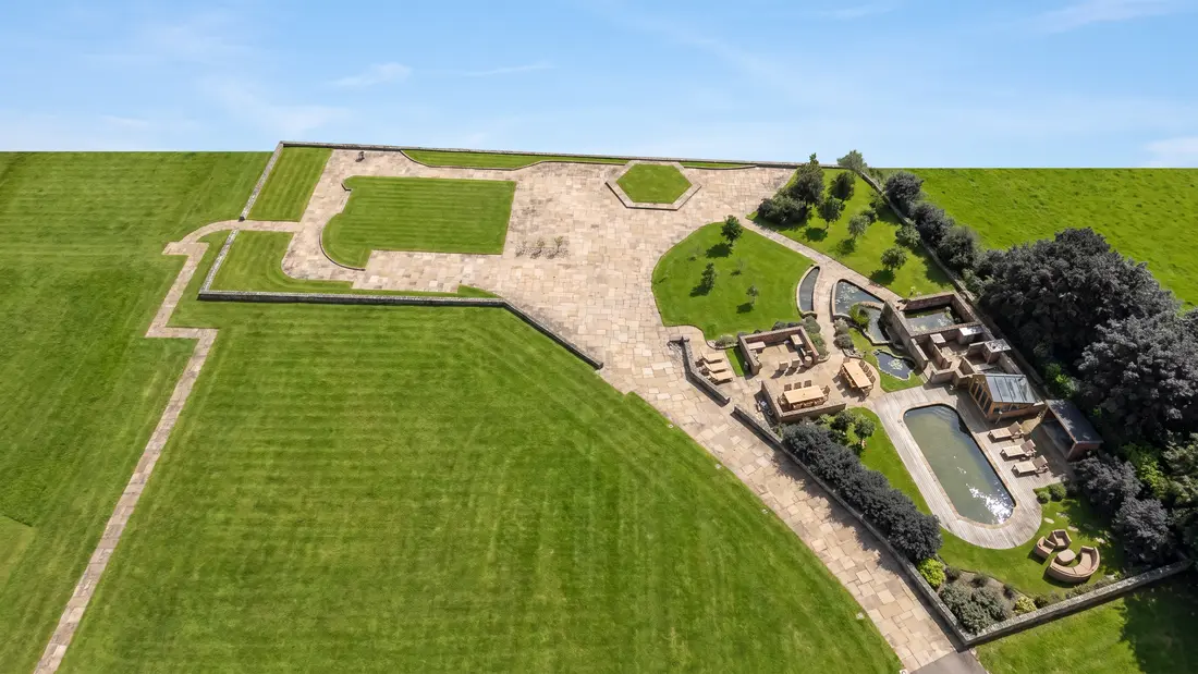 Photorealistic render made from an AutoCAD drawing: the whole site, from a drone-height shot