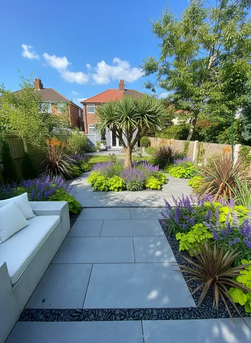 Tropical garden oasis with palms and lighting