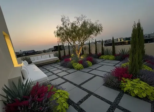 Modern backyard ai landscape design with fire pit