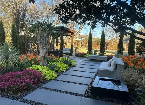 Modern backyard ai landscape design with fire pit