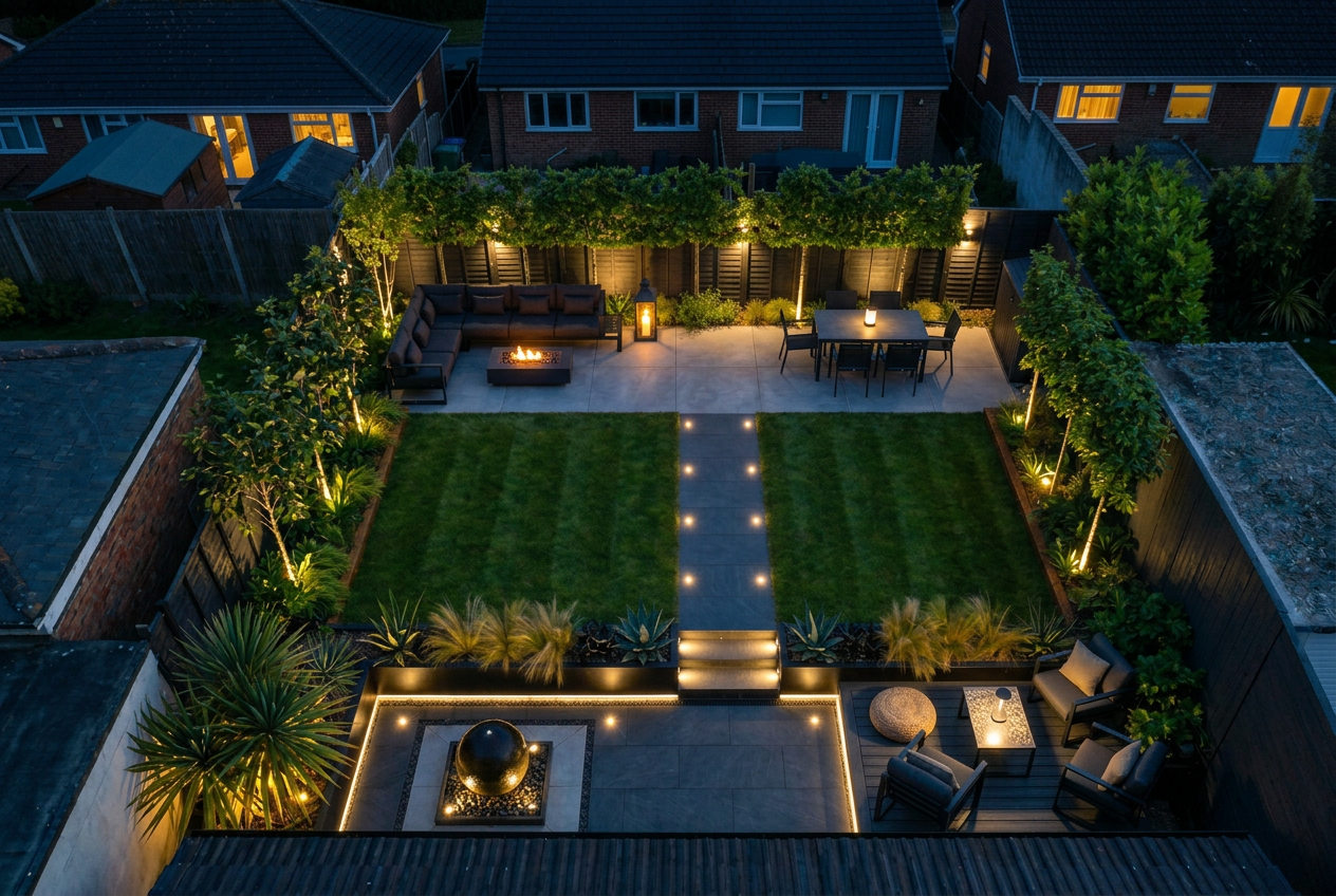 Photorealistic Hadaa render of a lit garden at dusk