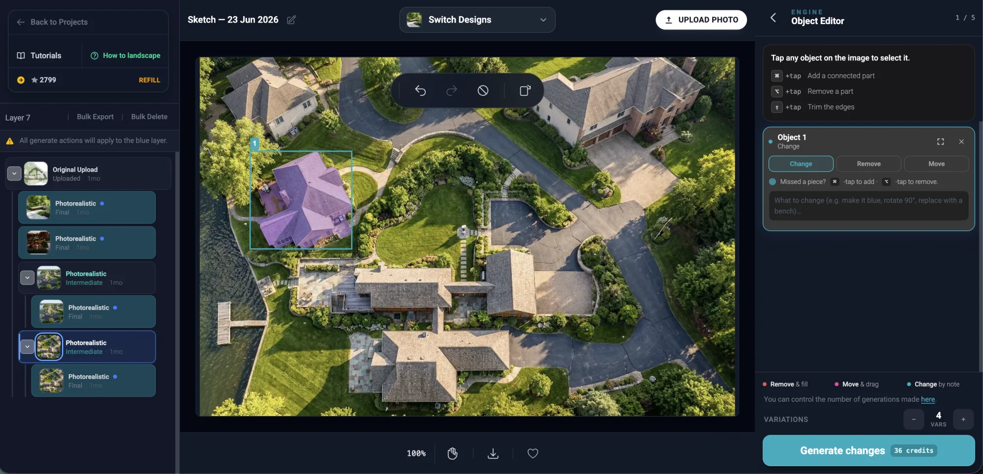 The Hadaa Object Editor — a house selected on an aerial render, with change, remove and move controls