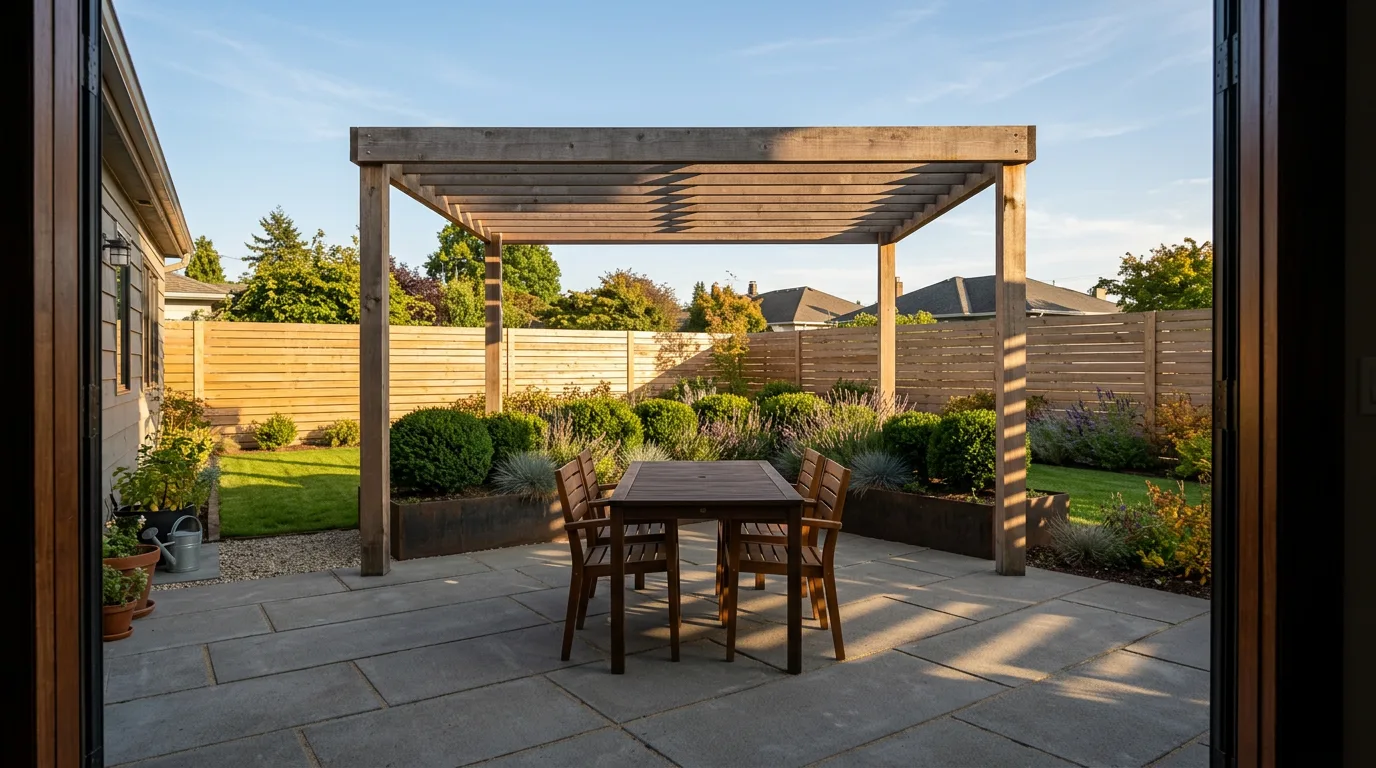 A completed suburban backyard remodel with a grey concrete paver patio, a cedar pergola, raised steel-edged planting beds and a small lawn