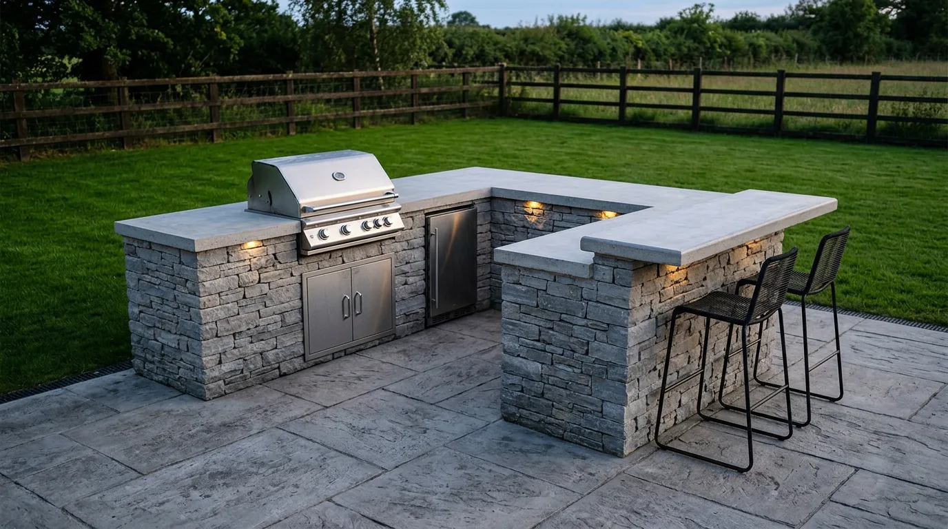 An L-shaped freestanding outdoor kitchen island in stacked stone with a stainless steel built-in grill, honed concrete counters and a raised bar with stools, set on a grey paver patio well clear of the house