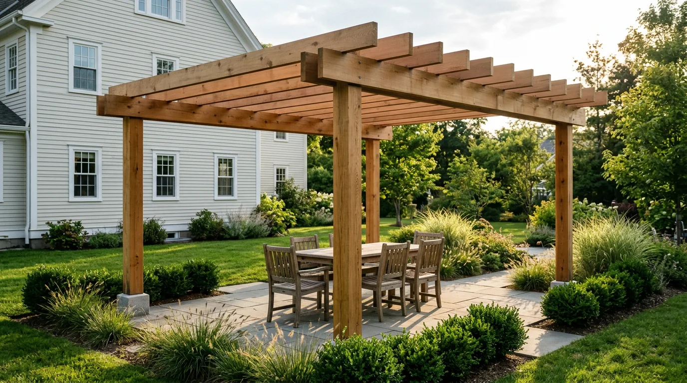 A freestanding cedar pergola about twelve feet by sixteen over a bluestone patio with four posts on concrete footings, rafters running overhead and a dining table beneath, standing clear of the house wall