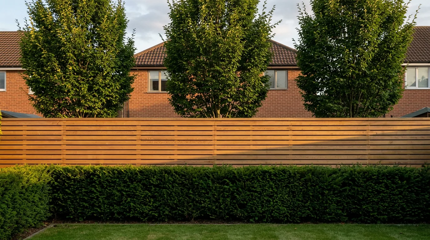 A layered backyard privacy boundary: a horizontal cedar slat fence about two metres high with a clipped yew hedge in front of it and three upright hornbeams rising behind