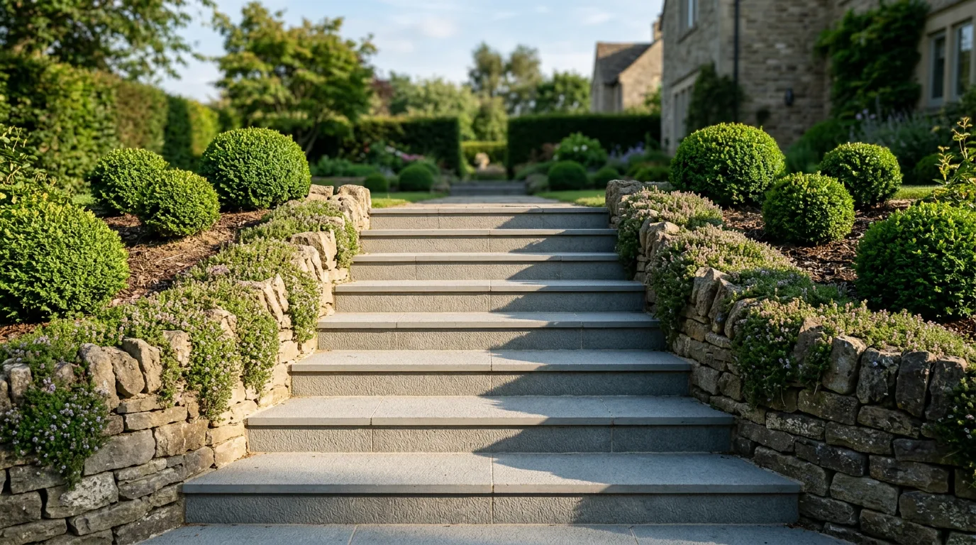 A flight of sawn bluestone garden steps with wide treads rising through a terraced slope planted with creeping thyme and boxwood