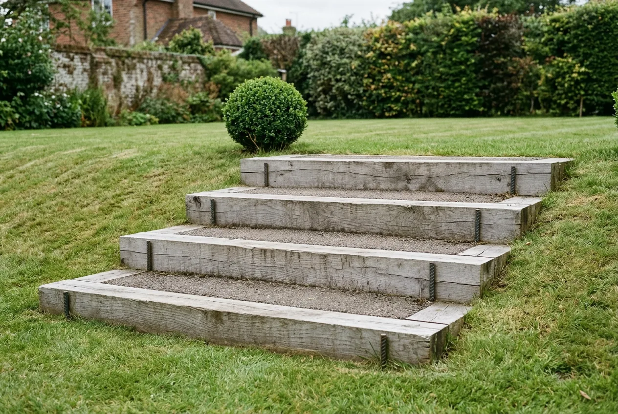 Oak sleeper garden steps set into a grass slope, each riser pinned with steel rebar and the treads filled with compacted gravel