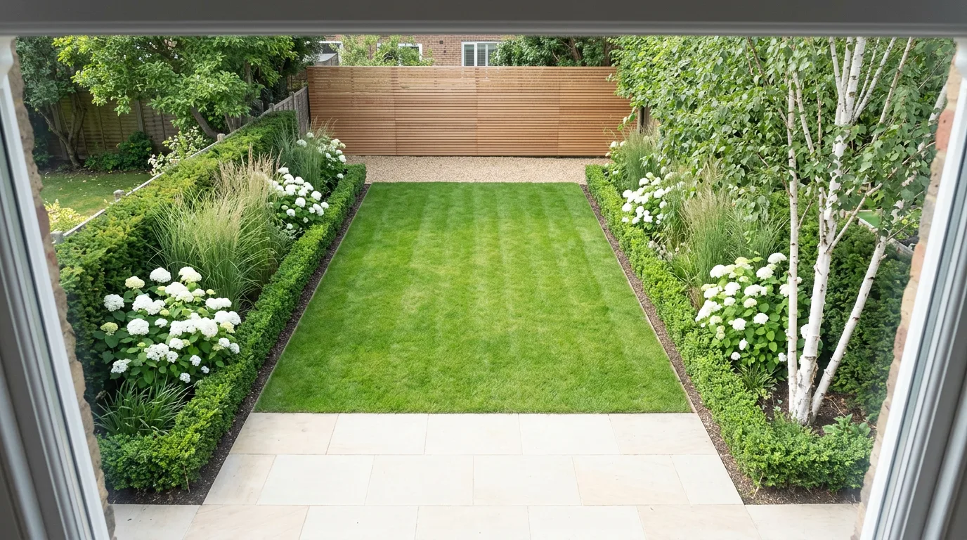 A newly designed suburban backyard with a sawn-stone terrace, clipped hedging, a birch multi-stem and a rectangular lawn