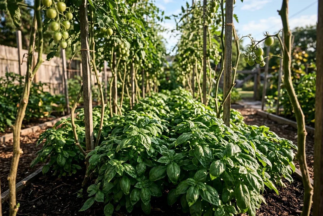 Bushy green sweet basil plants filling the gaps between the stems of staked tomato plants in a bed, using the ground-level space