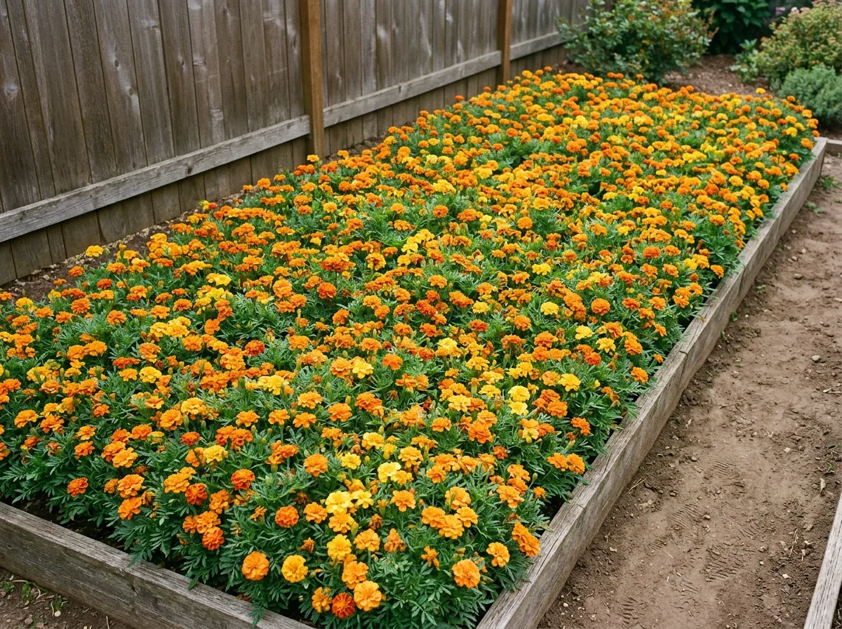A whole vegetable bed given over to a solid block of French marigolds grown as a pre-plant cover crop, plants almost touching