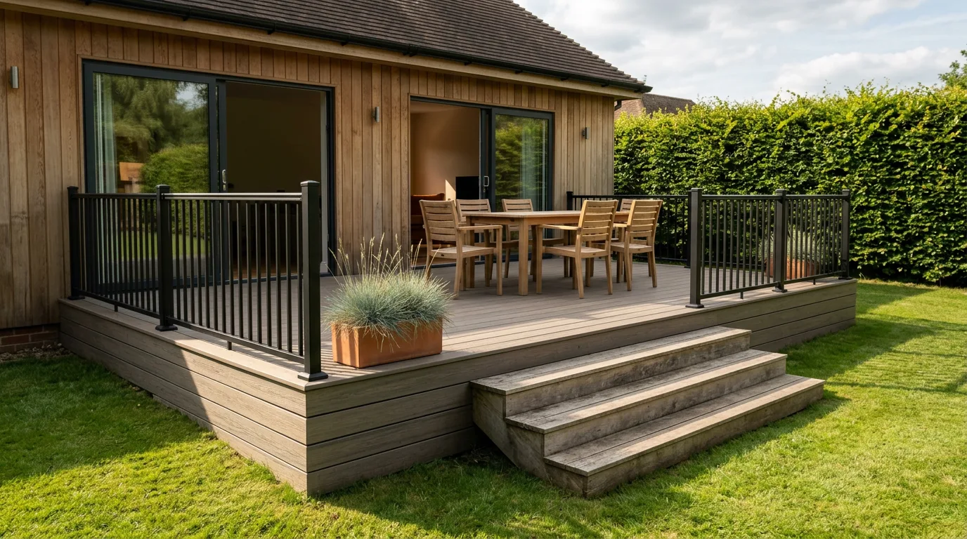 A single-level composite backyard deck one step above a lawn, with aluminium baluster railing, four wide steps down to the grass and a teak dining set