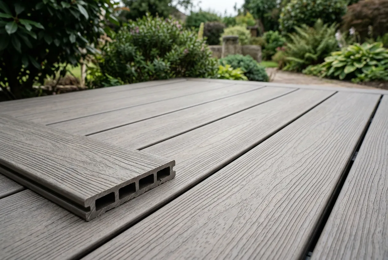 Close view of grey-brown grooved composite deck boards fixed with hidden clips, showing the uniform grain embossing and the consistent gap between boards