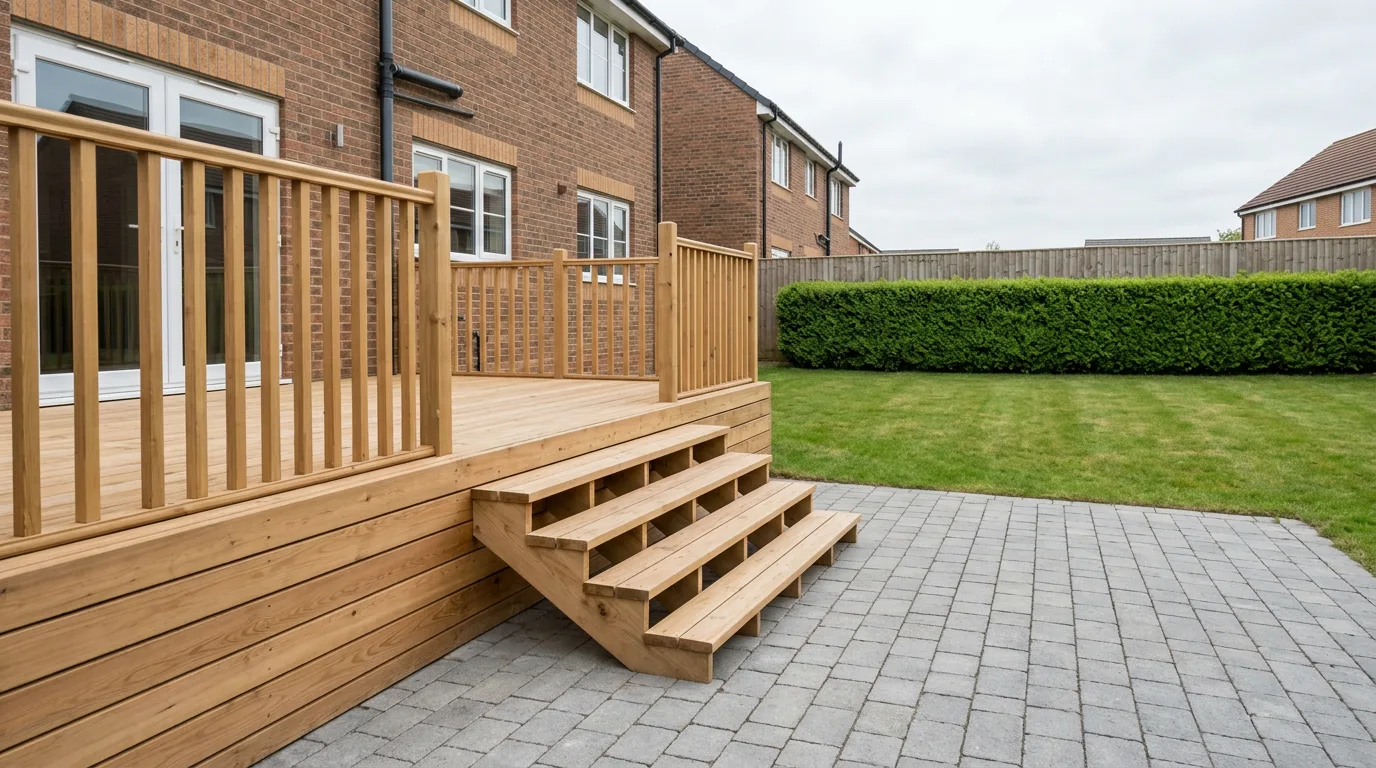 A raised cedar deck with open-riser stairs stepping down to a dry-laid concrete paver patio at lawn level, photographed from the side so both surfaces are visible in one frame