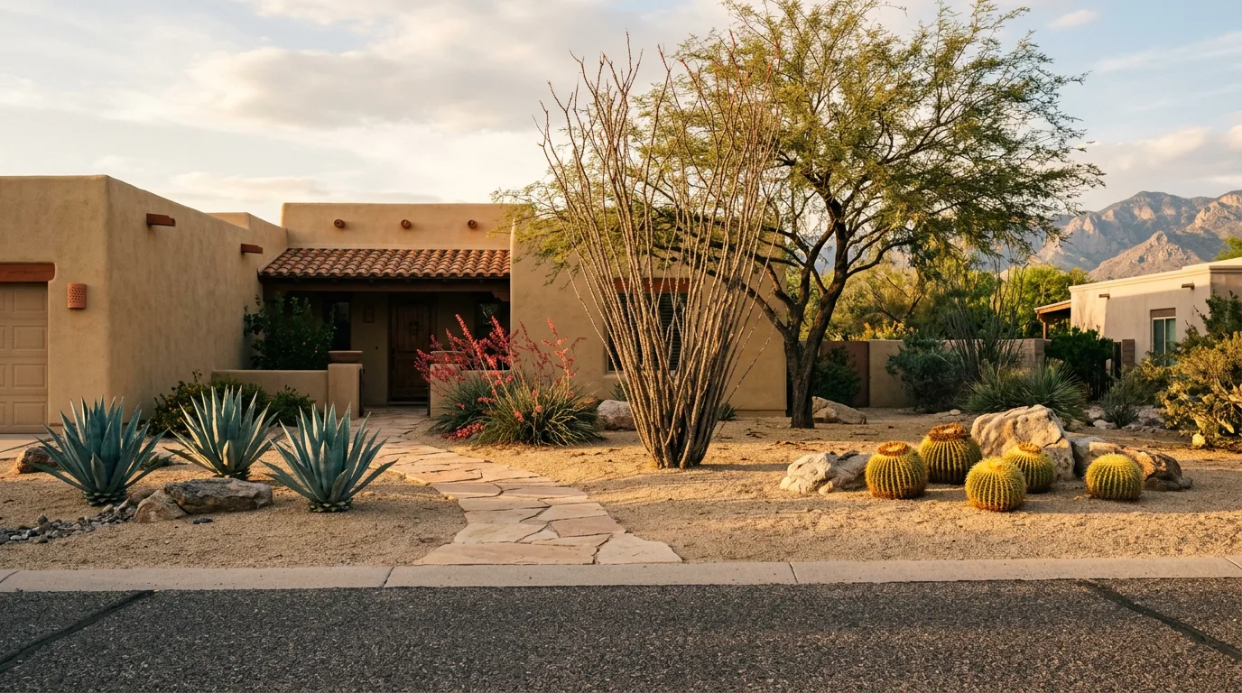 A desert xeriscape front yard with decomposed granite, agaves, golden barrel cactus and an ocotillo beside a flagstone path