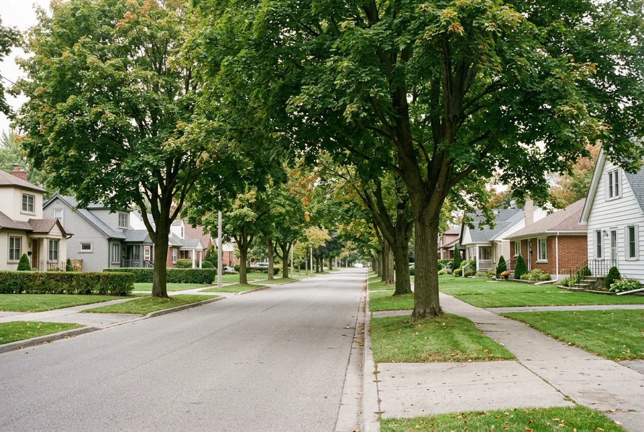 A residential street lined with mature deciduous street trees on the verge in front of single-family houses, their canopies meeting over the roadway &mdash; the planting Donovan and Butry measured at $8,870 per tree in sale price