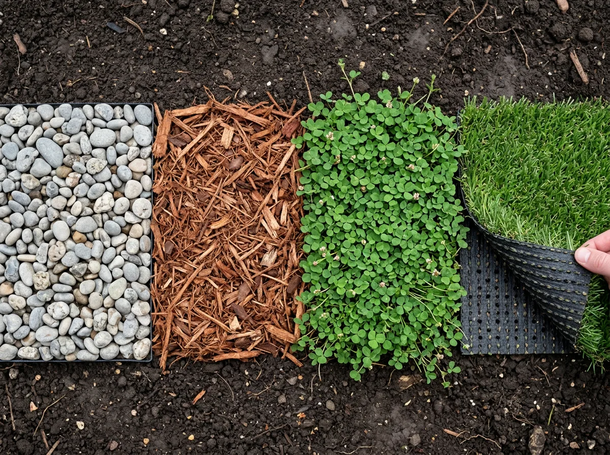 A top-down comparison of four garden ground-cover samples: pea gravel, cedar wood-chip mulch, creeping clover, and synthetic pet turf with drainage perforations