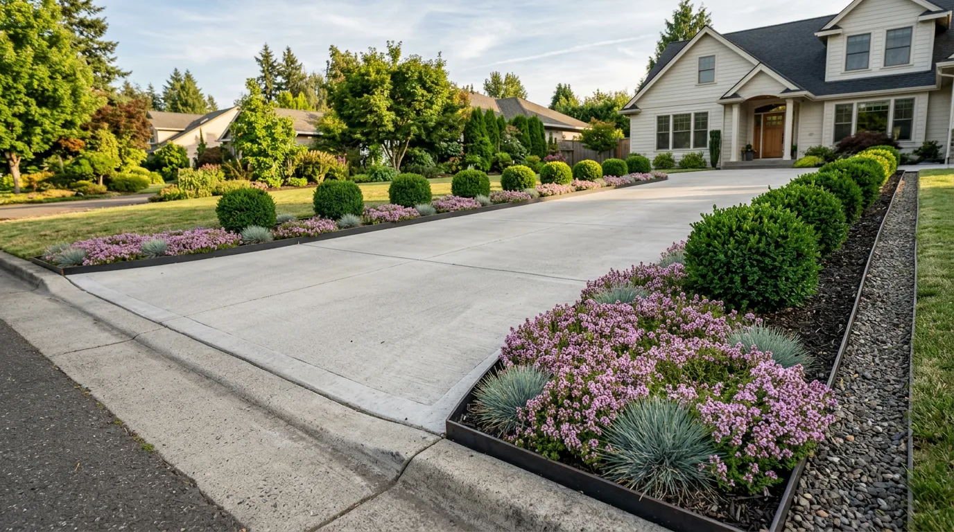 Concrete driveway border planted low at the street end with creeping thyme and blue fescue, stepping up to clipped dwarf boxwood balls nearer the house, keeping the sight line over the driveway open