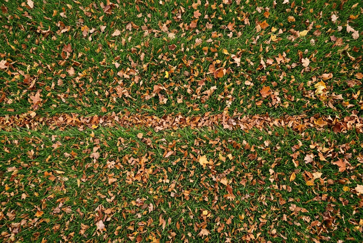 Fallen maple and oak leaves shredded fine by a mower and left on a green lawn, small enough to fall between the grass blades