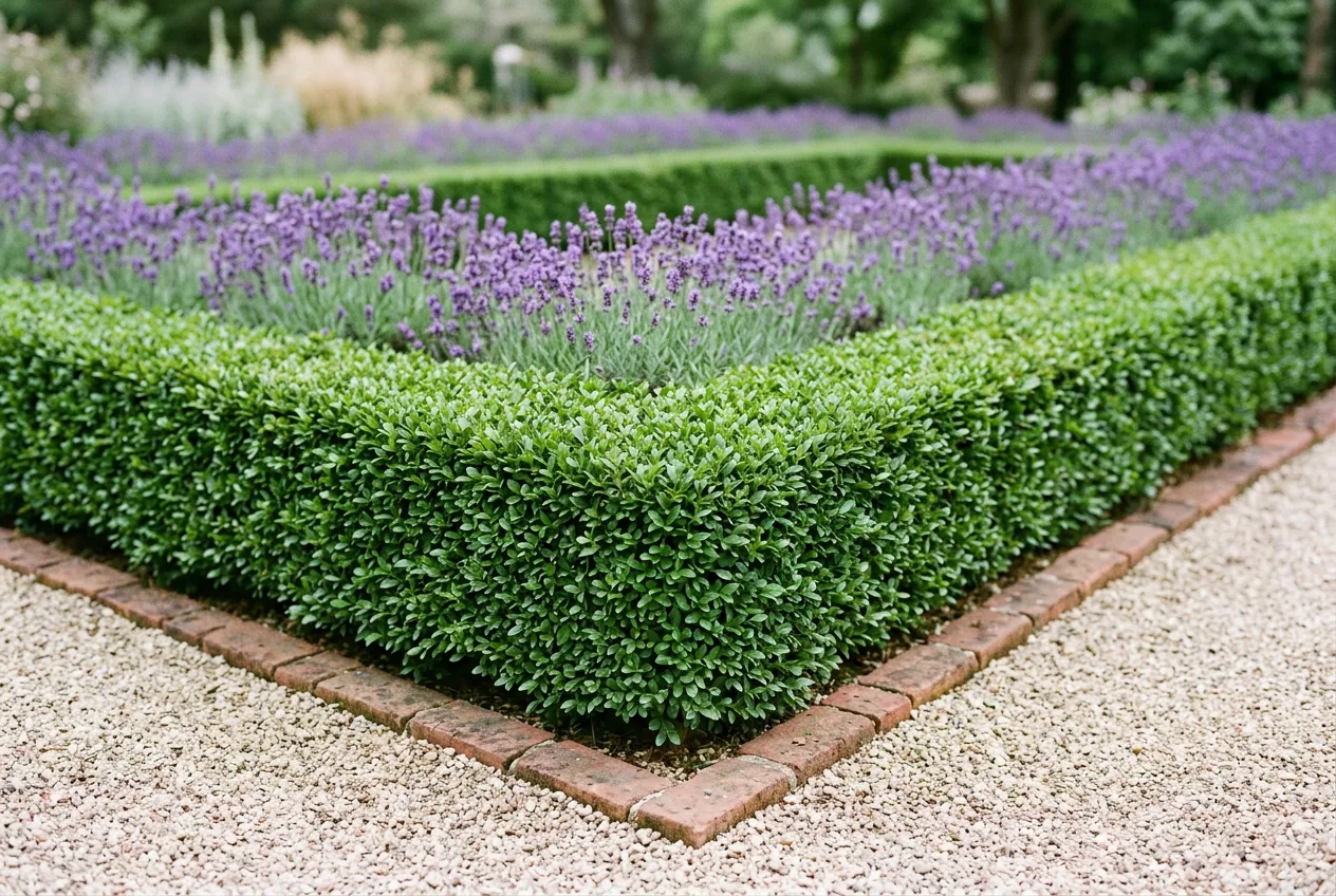 A low clipped inkberry holly hedge edging a geometric planting bed, flat-topped and square-sided, with lavender behind it