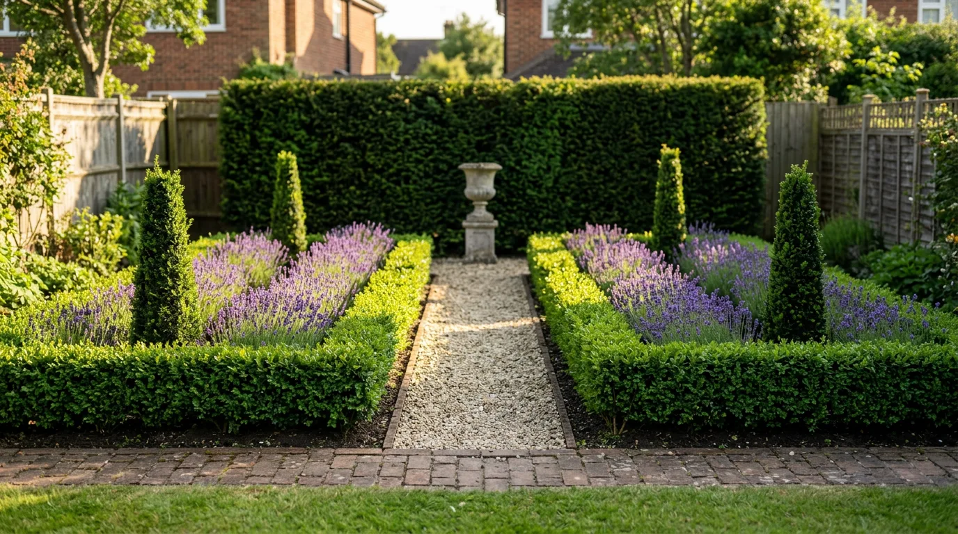 Small suburban formal garden with a central gravel path, two mirrored rectangular beds edged in low clipped inkberry holly, and a stone urn on the axis