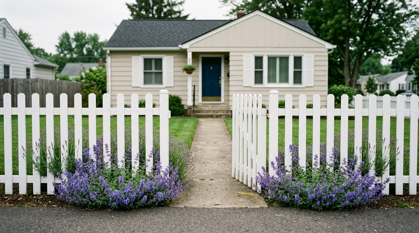 A low white painted picket fence about waist height running along the front property line of a single-storey house, with catmint and lavender planted along its base