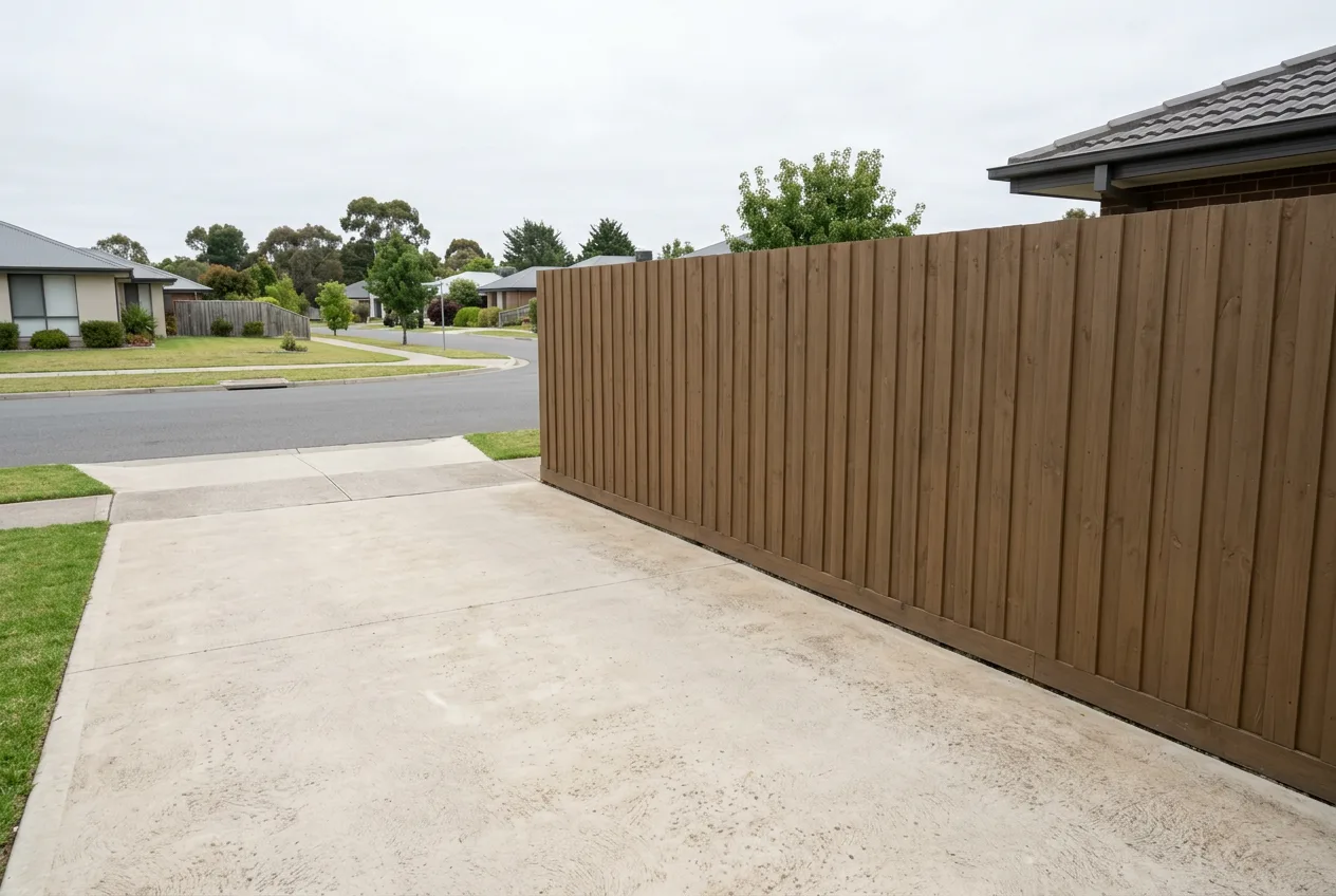 A tall solid timber fence built right up to the edge of a driveway where it meets the street, blocking the view along the footpath and road for a car at the end of the drive