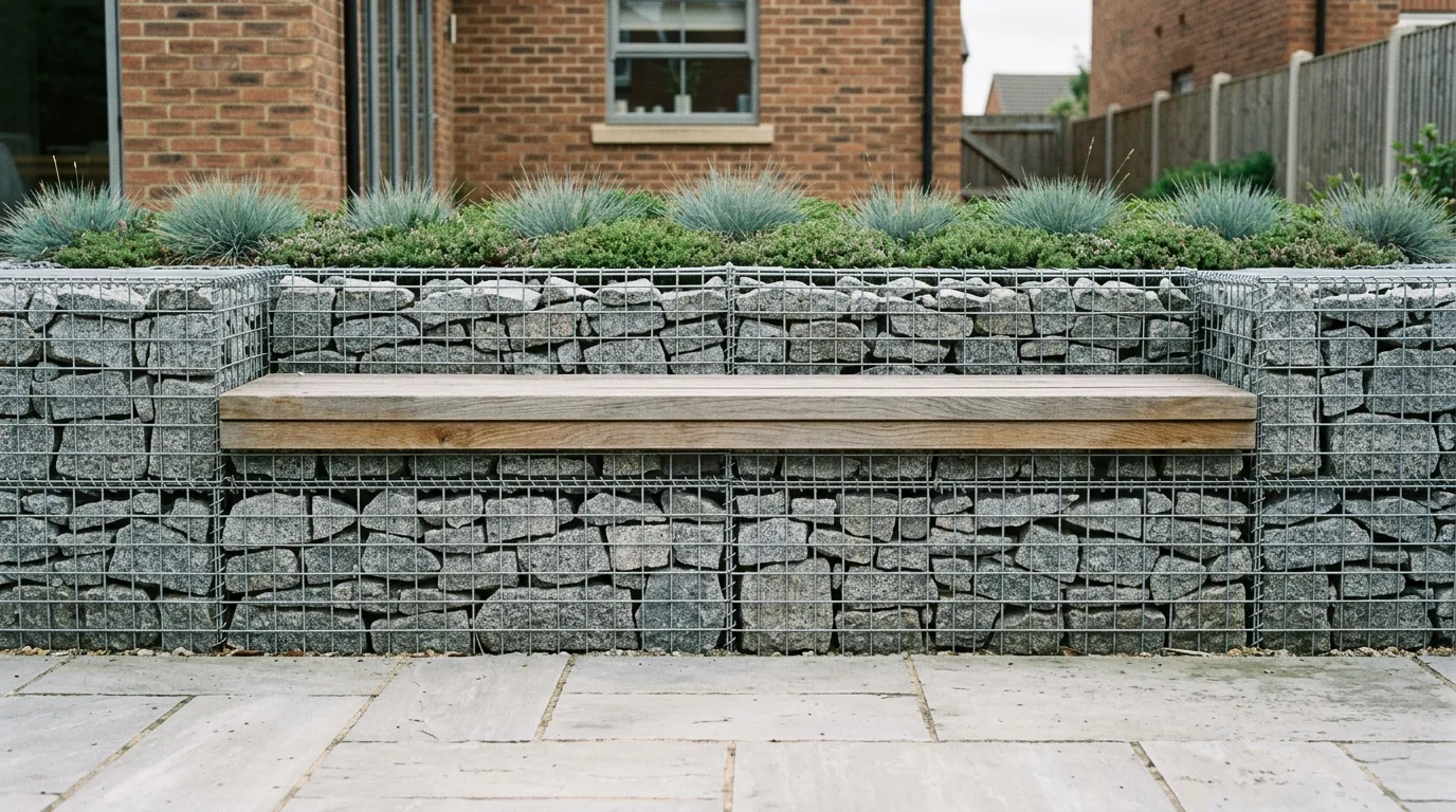 A gabion retaining wall of galvanised wire baskets filled with grey granite, capped with a timber bench seat