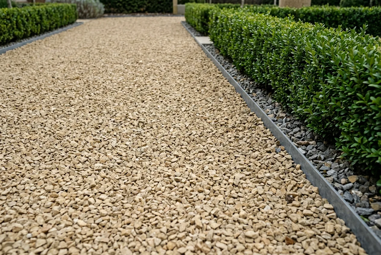 Close view of a compacted angular crushed-stone garden path held by a flush dark steel edging strip, the surface firm and level rather than loose