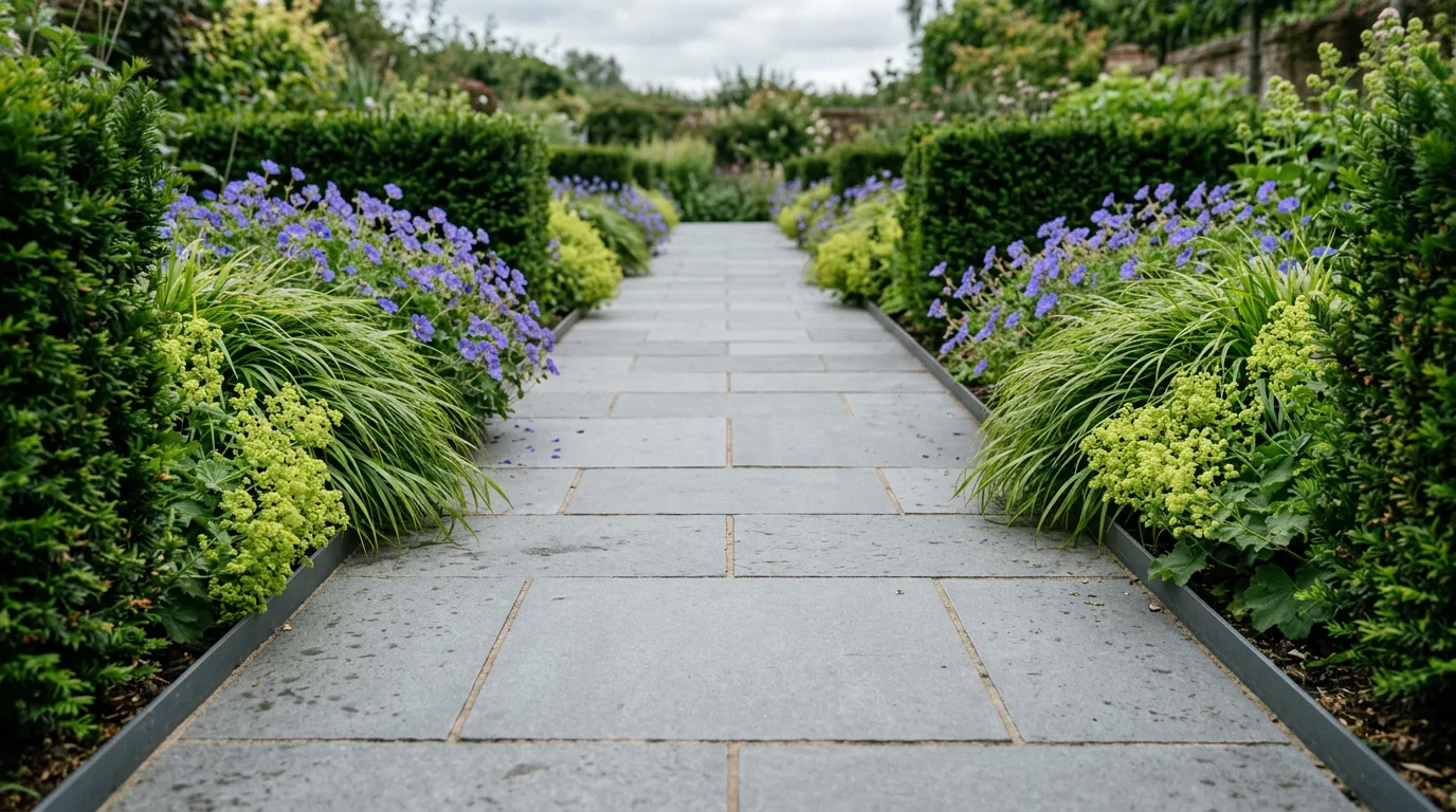 A sawn grey sandstone garden path about 900mm wide running away from the camera between clipped yew hedging and low perennial borders, edged with flush dark steel strips