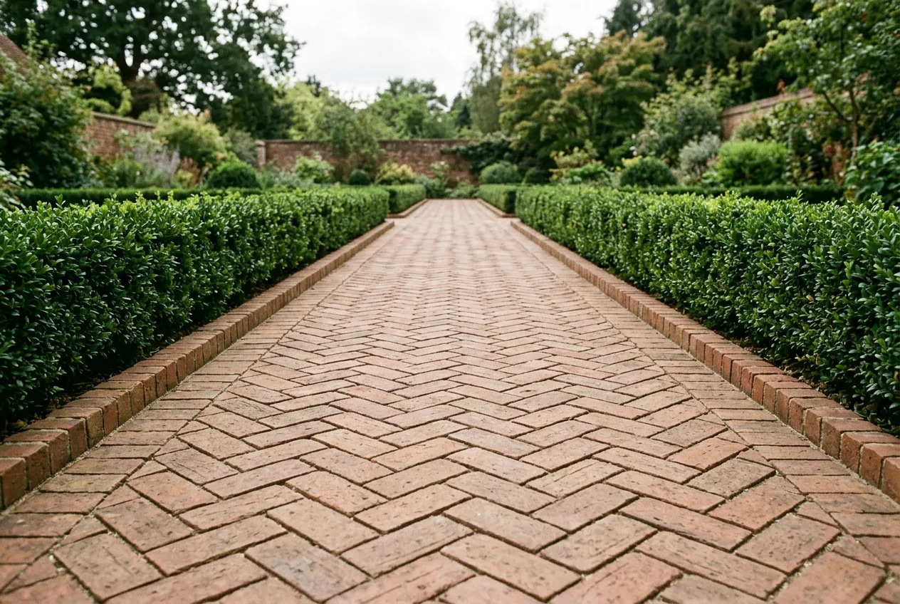 A clay brick garden path laid in herringbone at 45 degrees to the direction of travel, with a brick-on-edge border, running away from the camera