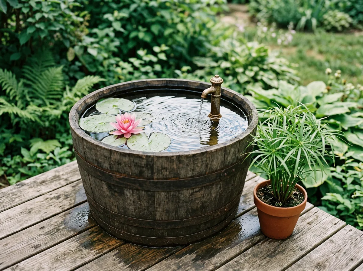 A small container garden pond made from a half whiskey barrel, with a water lily and marginal plants on a patio