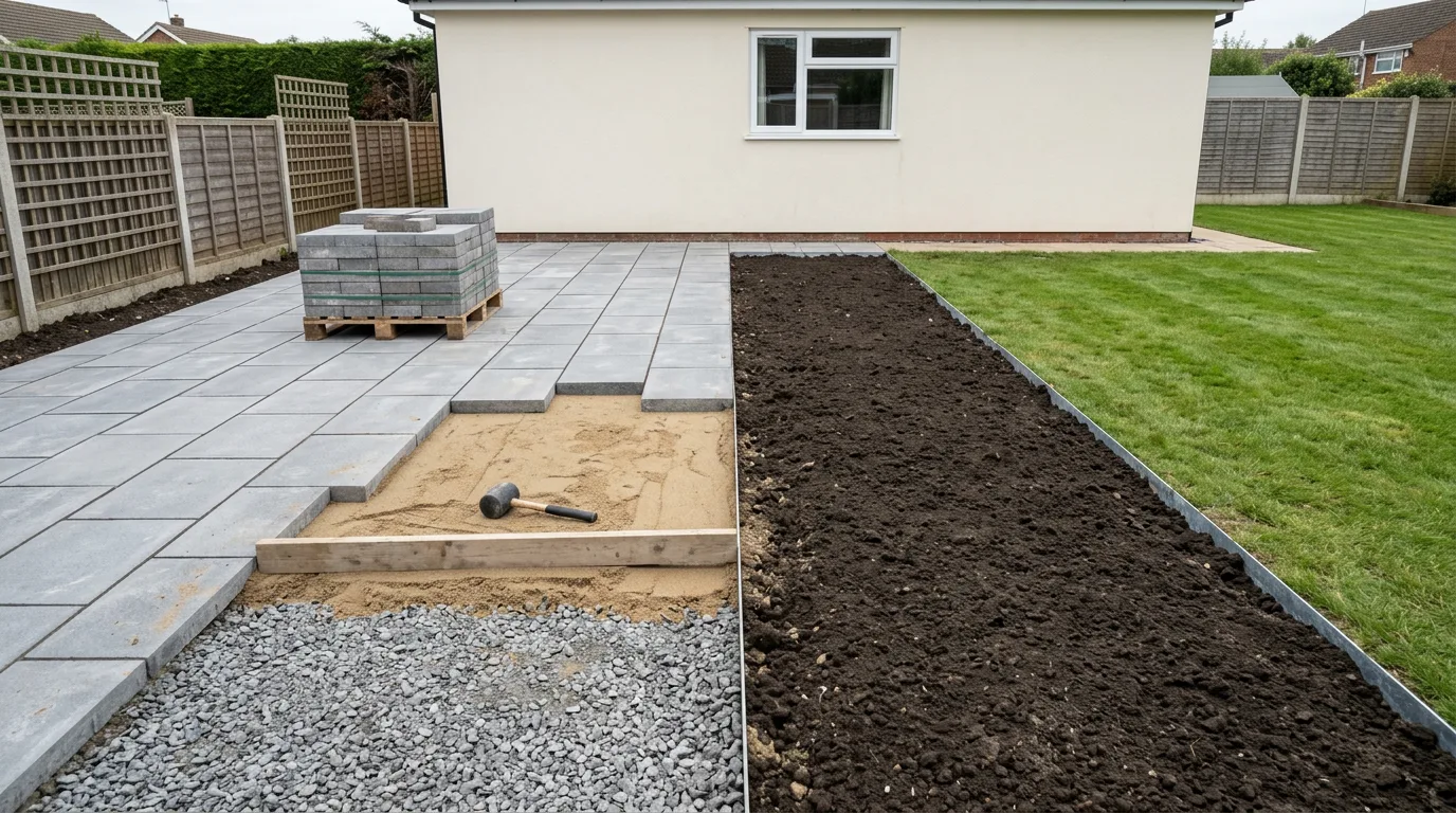 A suburban back garden part-way through construction, with a grey concrete paver patio half laid on a compacted base beside a stack of unlaid pavers and an empty planting bed