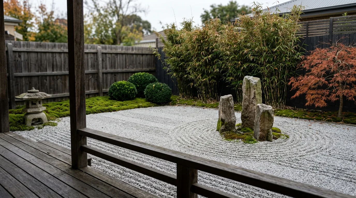 A small suburban backyard zen garden: raked pale granite gravel around a grouping of three weathered upright stones, with moss, clipped boxwood and a Japanese maple against a bamboo screen