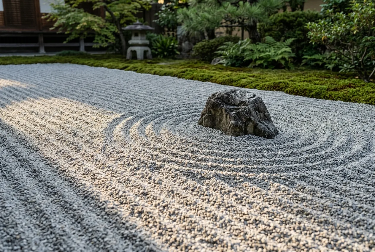 Close detail of raked granite gravel: straight parallel rake lines meeting concentric rings around a partially buried weathered stone, with moss at the edge