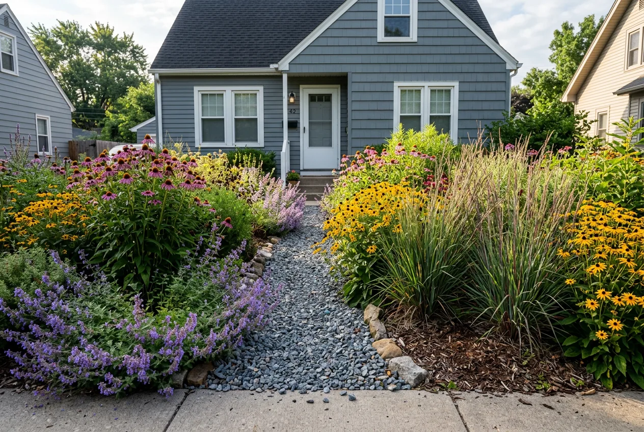 A front garden with the lawn replaced by dense perennial planting: purple coneflower, black-eyed Susan, little bluestem grass and a catmint edge, with a permeable gravel path leading to the door