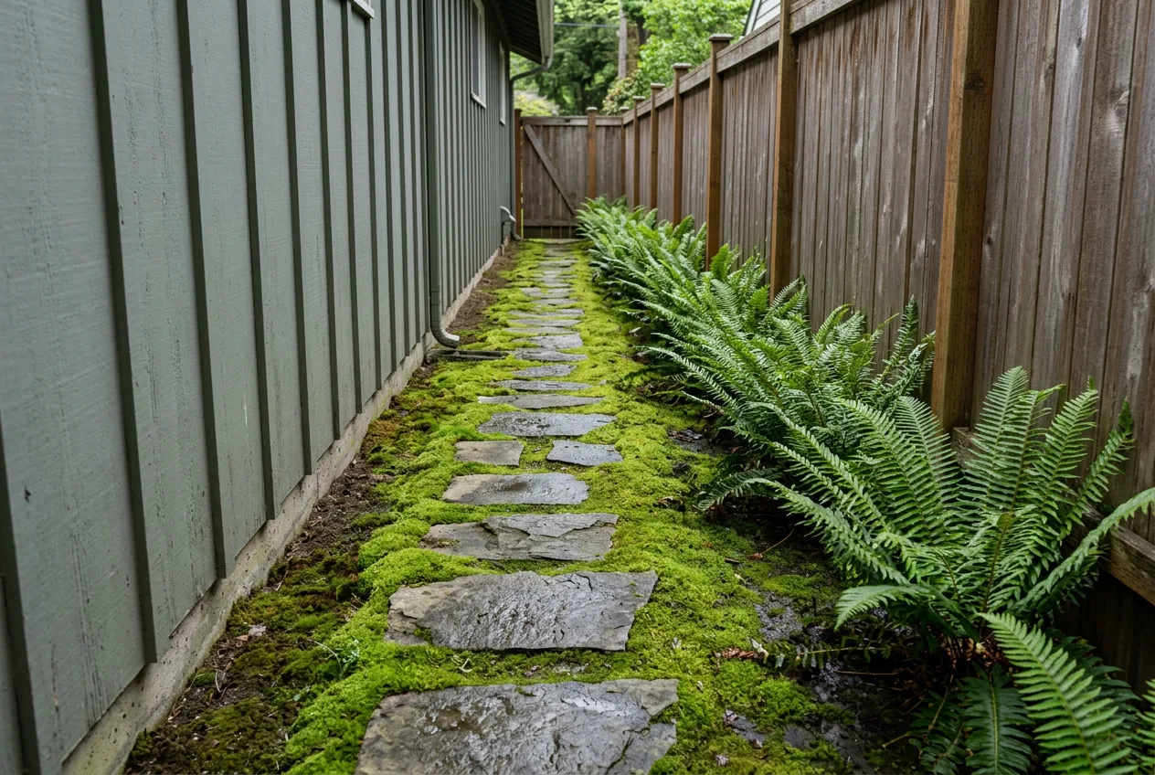 A narrow shaded side yard with no grass: irregular flagstone set into moss, with sword ferns along the fence line