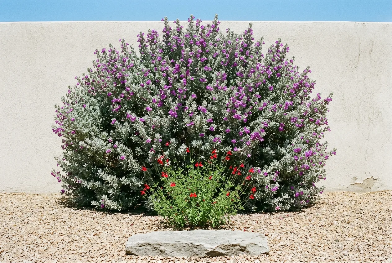 A tall silver-leaved cenizo shrub with purple flowers behind a knee-high green autumn sage with small red flowers in the same gravel bed, showing the nine-foot difference in mature size between two shrubs both sold as Texas sage