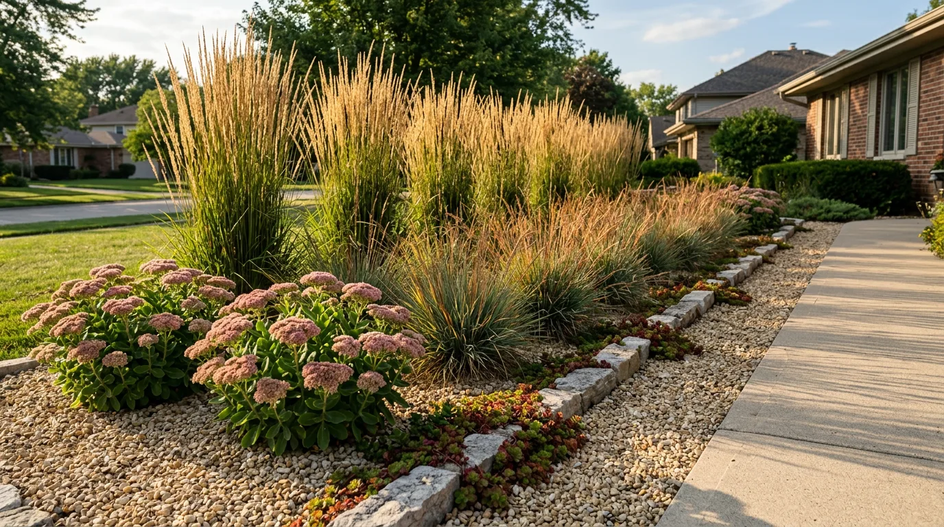 A low-maintenance front-yard border in late summer planted with Karl Foerster feather reed grass, little bluestem, Autumn Joy sedum and mat-forming creeping sedum over pale gravel