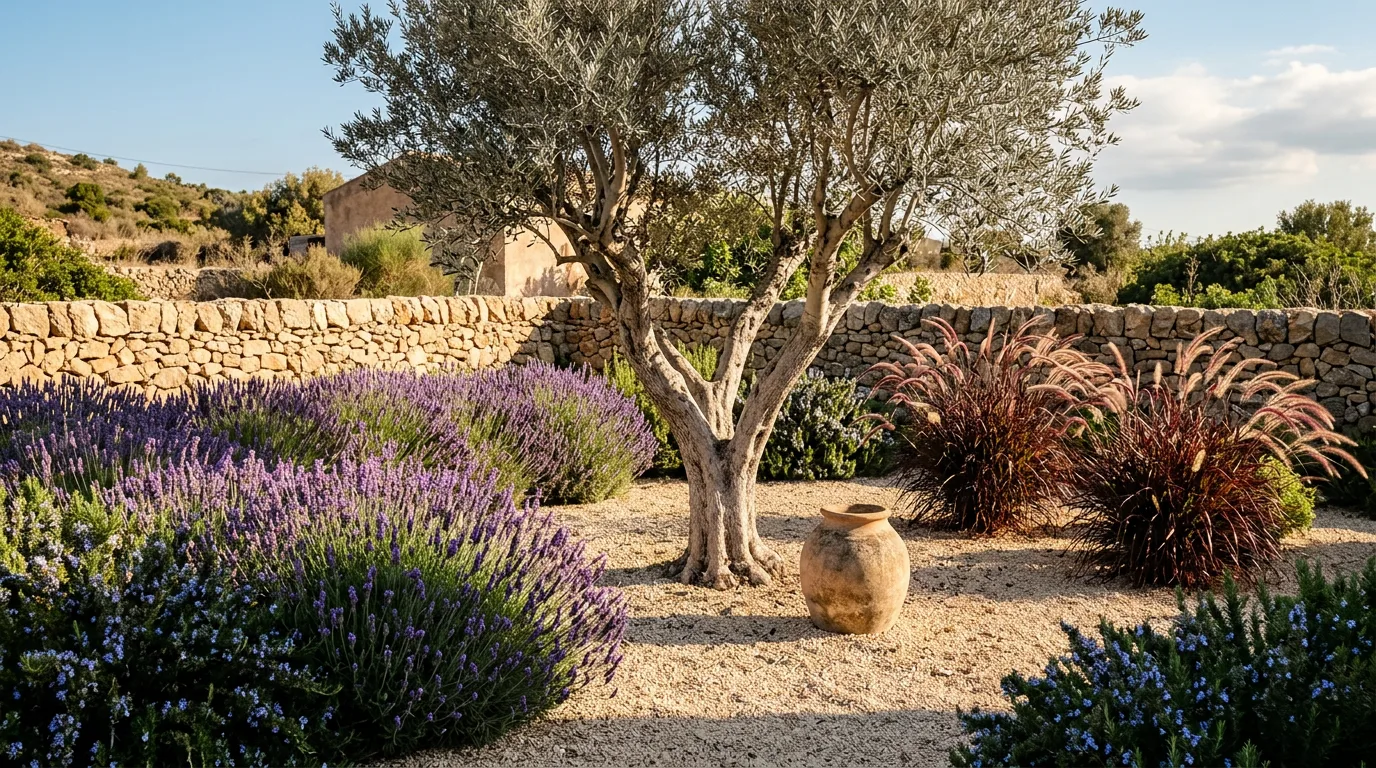 Mediterranean gravel garden with a multi-stemmed fruitless olive tree, massed lavender and rosemary, and purple fountain grass beside a terracotta pot on pale decomposed granite